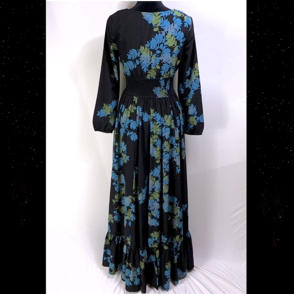 Eshakti Maxi Dress Black with blue green leaves Long sleeve Chiffon SIZE 6 TALL - Picture 3 of 5